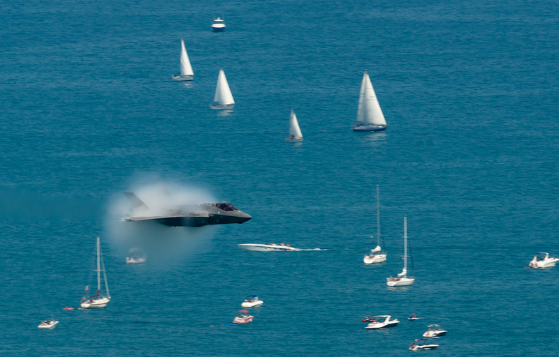 A U.S. Air Force F-35A performs a high speed pass over Lake Michigan, August 2018.